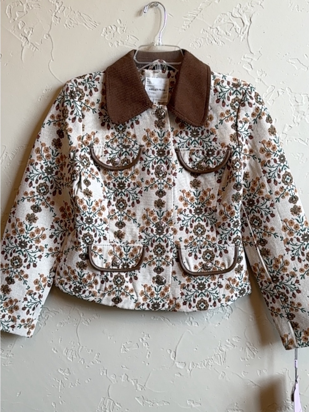 Avec Les Filles Cream Floral Quilted Jacket with Brown Trim
